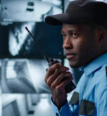 Side view of African-American security guard talk on radio in control room monitoring surveillance footage